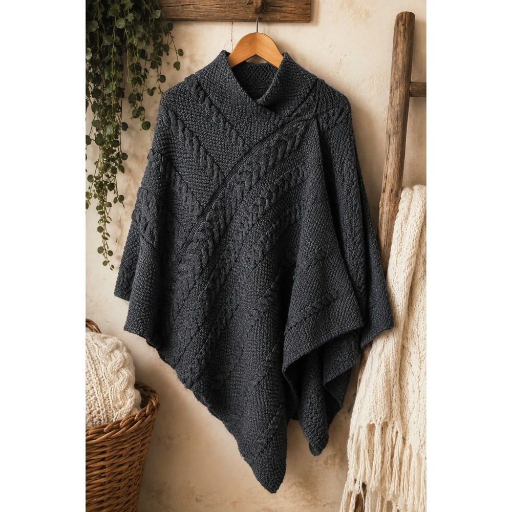 Aran Sweater Market Ireland 100% Merino Wool Cable Knit Poncho Charcoal Gray M/L